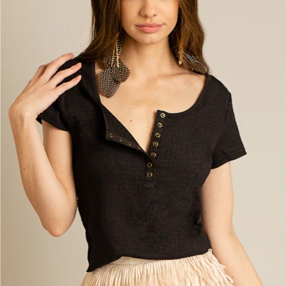 *New* Joyfolie Kalama Henley Washed Black Button-Detail Women's Top